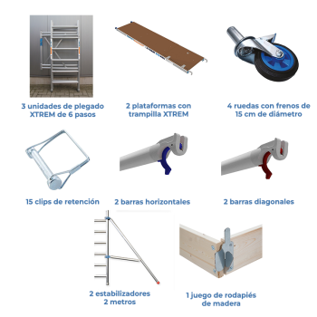 Andamio plegable XTREM 75x190 6,50 m AT con estabilizadores + rodapié de madera | LÍNEA XTREM